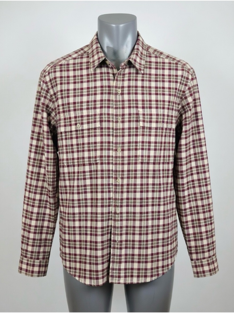 Eddie Bauer Burgundy and White Plaid Shirt Outdoors 100% Cotton SZ Large
